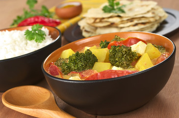 Vegetarian Indian curry with rice and chapati