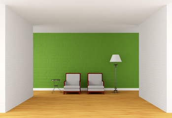 Two luxurious chairs, metallic table and standard lamp