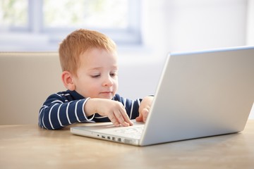 Little businessman using laptop at home