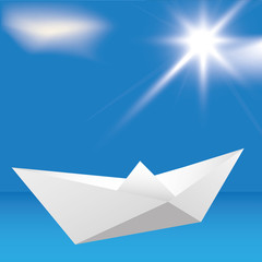 Boat origami on the blue sky background.