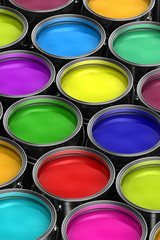 Many paint buckets with different colored paints