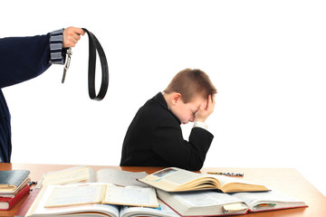 parent threatening son with a belt