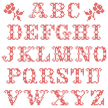 Set Of Alphabetic Characters Cross Stitch Red