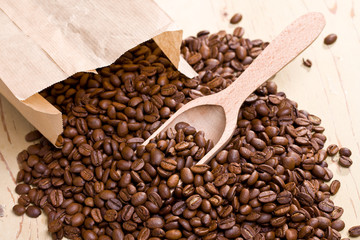 coffee beans on wooden scoop