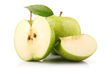 Ripe green apple fruit with leaf and slices isolated