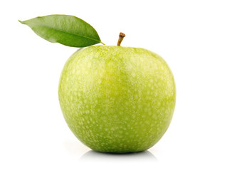 Ripe green apple fruit with leaf isolated