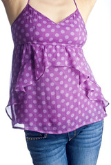 Woman Wearing Purple Chiffon Tank Top with Polka Dots