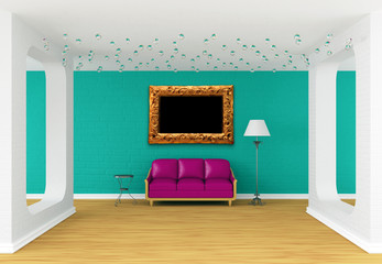 couch, table and lamp in modern room with golden frame