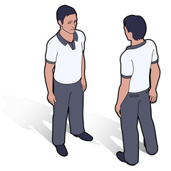 Isometric man in polo shirt front and back poses