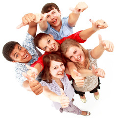 Top view of young friends with hands raised