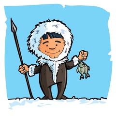 Cartoon eskimo with a spear and a fish - obrazy, fototapety, plakaty