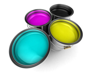 CMYK color paint buckets over white background