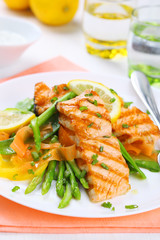 grilled salmon with spring asparagus on white plate, soft focus