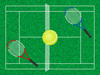 tennis court ball and rackets