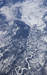 High altitude view of the frozen river in Arctic Canada