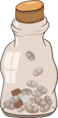 Small bottle with a medicine and tablets.Cartoon