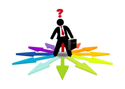 businessman with question mark, arrows, decision clip art preview