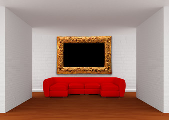 Gallery's hall with red sofa and ornate frame