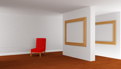 Empty gallery's hall with red chair