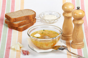 Homemade soup in a glass dish