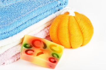 Towels, handmade soap and wisp
