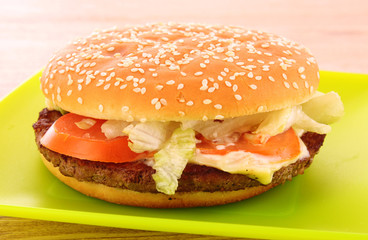 hamburger with vegetables on the table