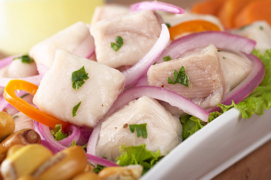 Peruvian ceviche made out of raw dogfish (Spanish: tollo)