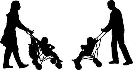 young parents pushing strollers - vector