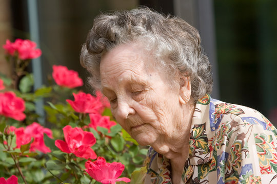 Elderly Woman Smelling Flowers