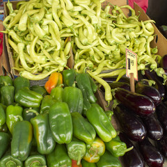 Peppers and eggplants at the local market