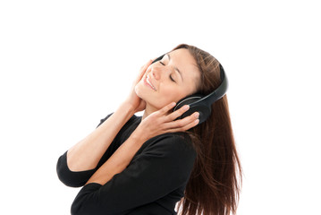 Naklejka premium woman listen and enjoy the relax music in headphones
