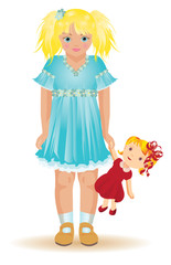 Beautiful blonde girl playing with a dolly, vector