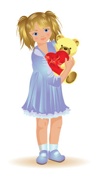 Little girl with taddy bear, vector illustration