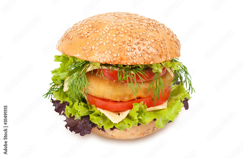 Wall mural big hamburger isolated on white