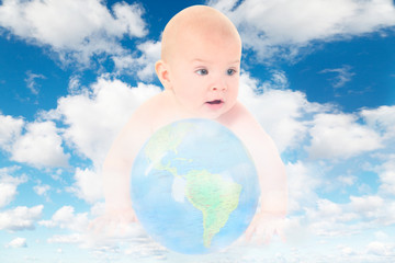 baby with glass globe on White, fluffy clouds in sky collage
