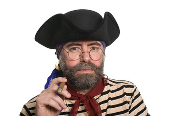 Bearded pirate smoking a cigar.