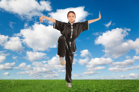 yoga young girl in ushu pose on meadow grass collage