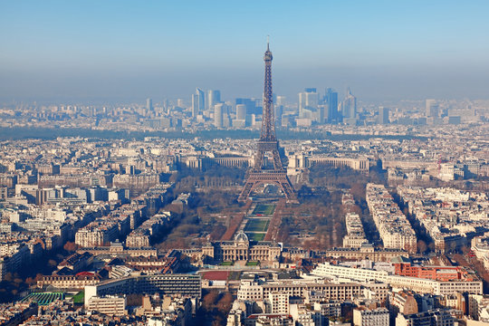 panorama of Paris with eiffel tower, la Defence at winter