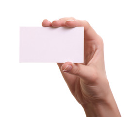 Obraz premium Paper card in woman hand isolated on white background
