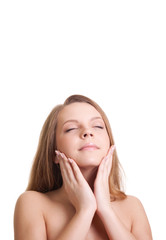 Naklejka premium beautiful young woman touching her neck and smiling, a lot of co