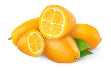 Isolated citrus fruits. Fresh cut kumquats isolated on white background
