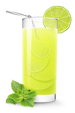 Isolated drink. Glass of lime juice and mint leaf isolated on white background