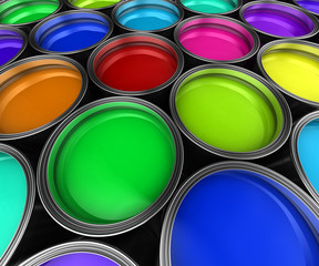 Many paint buckets with different colored paints