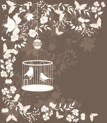 Photo sur Aluminium Oiseaux en cages Fond vintage avec des fleurs et des oiseaux en cage.