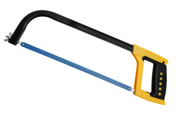 Blue hacksaw with yellow handle - obrazy, fototapety, plakaty