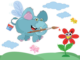 An elephant paints a rainbow