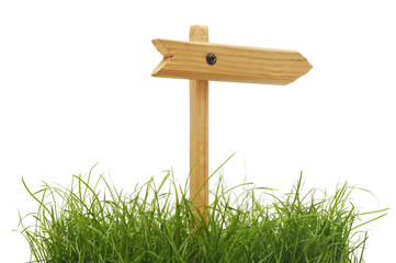 wood sign with grass isolated on a white background