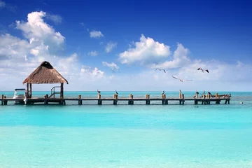 Papier Peint photo autocollant Caraïbes Jetée de cabine de plage tropicale des Caraïbes île de Contoy