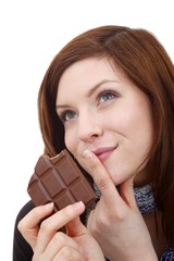 beautiful woman with a block of chocolate (white background)