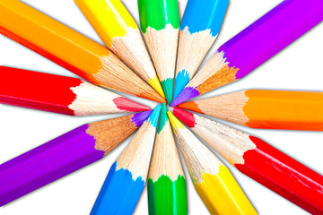 Fototapeta premium Art pencils with bright colors creating a star shape isolated on